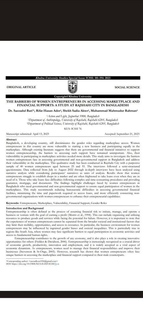 Research Article of Action and Light on Gender issue Published in Khulna University Studies
